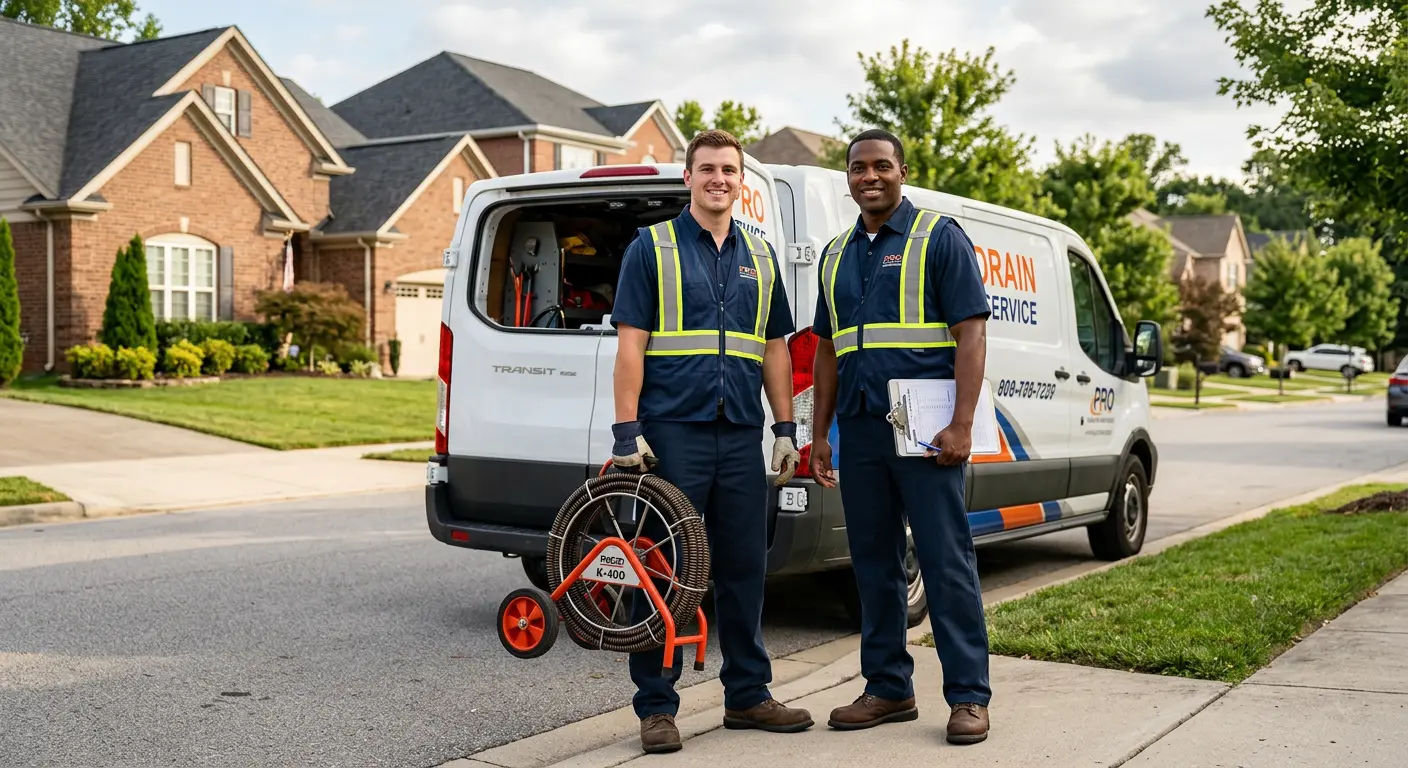 Sewer and drain service team with equipment ready for work in Martic