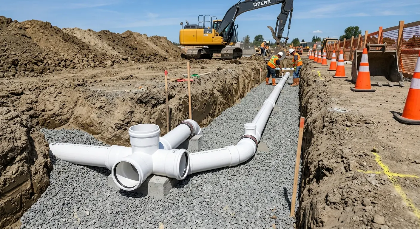 New PVC sewer pipe installation in open trench for Commercial Drain Cleaning in Martic