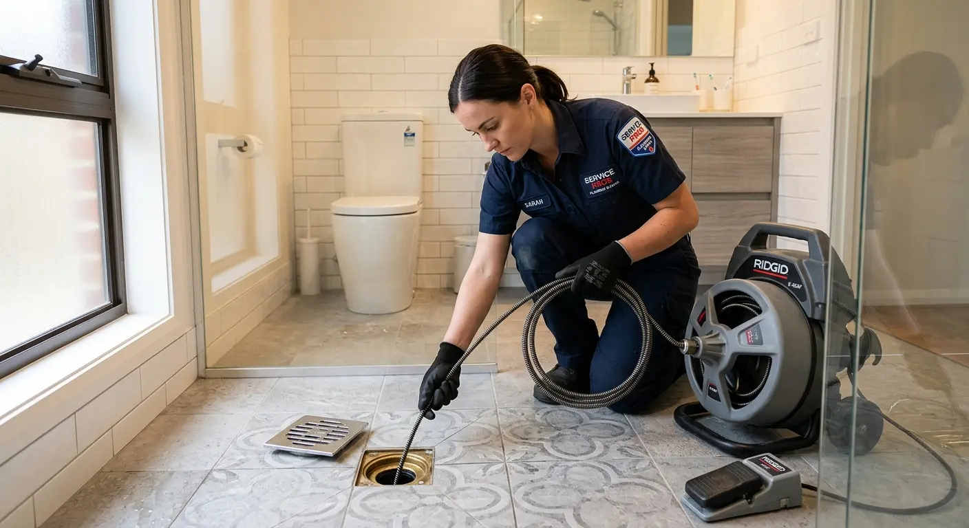 Technician clearing a bathroom floor drain for Clogged Drain Repair in Martic